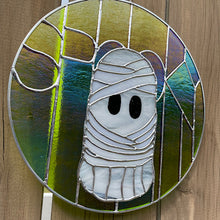 Load image into Gallery viewer, SPOOKY! Mummy Ghost Stained Glass Panel, 10.5&quot; diameter