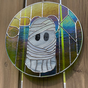SPOOKY! Mummy Ghost Stained Glass Panel, 10.5" diameter