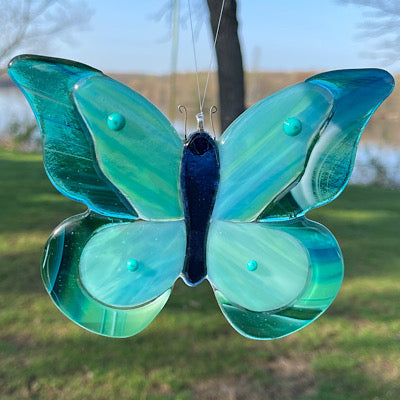 Butterfly aqua-lime stained glass suncatcher