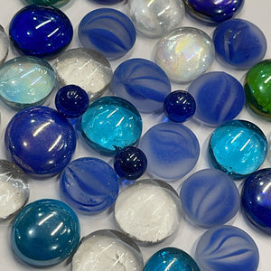NEW: Unique mix of blue cats-eye, cobalt round iridescent, clear/white iridescent and pale green iridescent, aquamarine and clear nuggets, most are medium size, 16oz