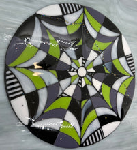 Load image into Gallery viewer, Beautifully Broken:  12” diameter fused web, with colors inspired by Beetlejuice.