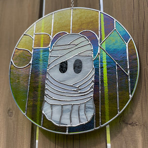 SPOOKY! Mummy Ghost Stained Glass Panel, 10.5" diameter