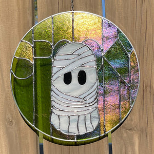 SPOOKY! Mummy Ghost Stained Glass Panel, 10.5" diameter