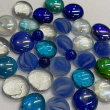 Load image into Gallery viewer, NEW: Unique mix of blue cats-eye, cobalt round iridescent, clear/white iridescent and pale green iridescent, aquamarine and clear nuggets, most are medium size, 16oz
