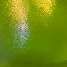 Load image into Gallery viewer, B142631 bullseye spring green transparent iridescent double rolled 90 COE 8.75 x 10