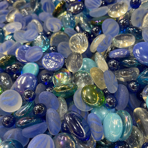 NEW: Unique mix of blue cats-eye, cobalt round iridescent, clear/white iridescent and pale green iridescent, aquamarine and clear nuggets, most are medium size, 16oz