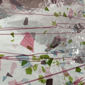 B4128 bullseye deep pink, plum, spring green, aqua with pink streamers on clear 90 COE 8.5 x 10
