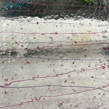 Load image into Gallery viewer, B4234 bullseye mardi gras cranberry &amp; purple frit with cranberry &amp; purple streamers 90 COE 8 x 10