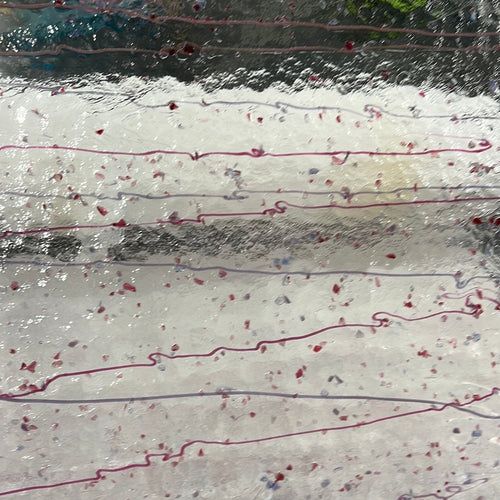 B4234 bullseye mardi gras cranberry & purple frit with cranberry & purple streamers 90 COE 8 x 10